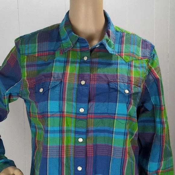 Ralph Lauren Colorful Green & Blue Plaid Snap Button-Up Shirt Large - Picture 3 of 11